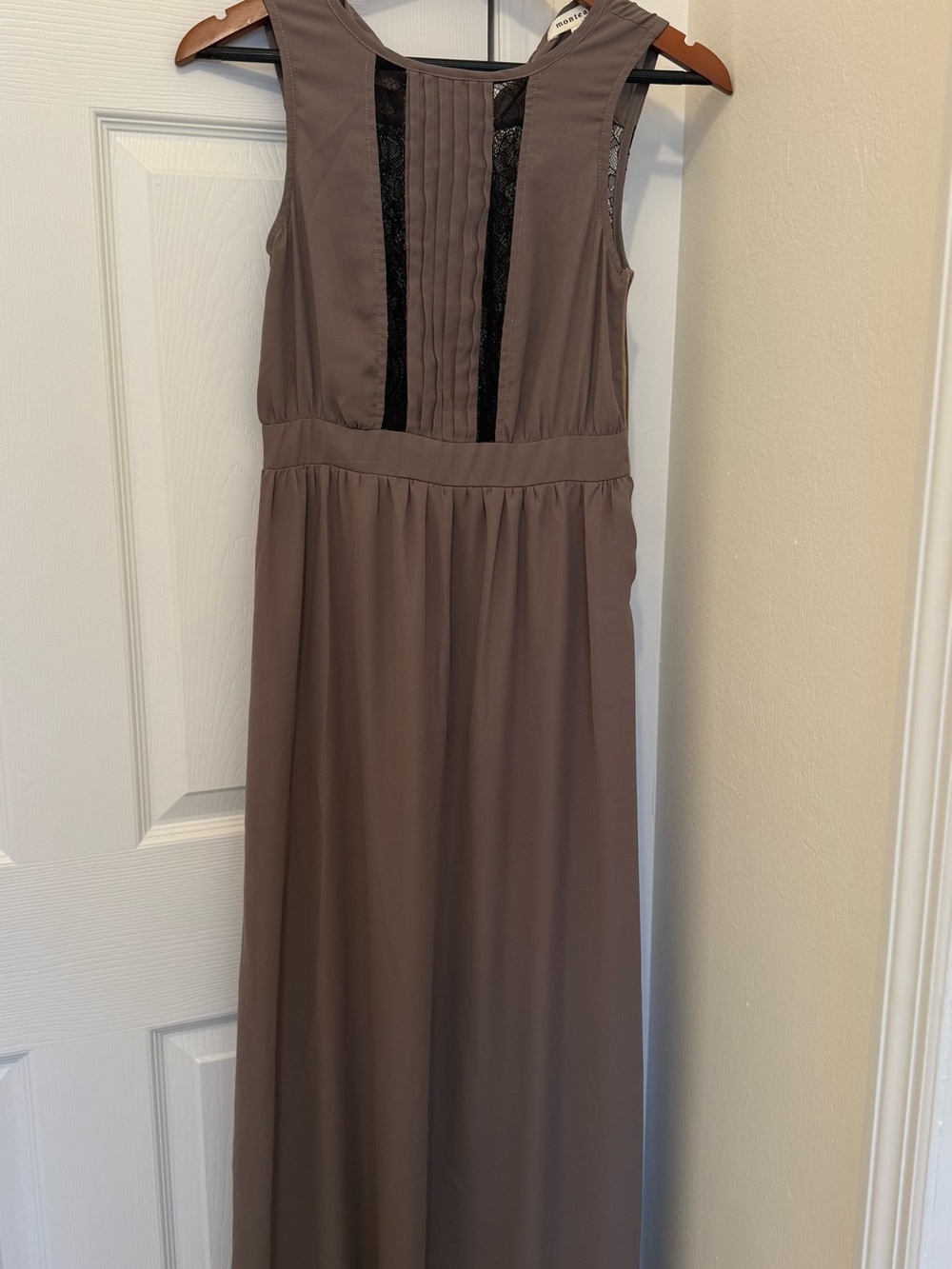 Monteau Taupe Maxi Dress with Black Lace Trim